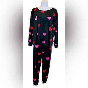 Kate Spade Heart Jogger PJ 2 Piece Set Soft Velour Black Red Pink Size Small